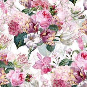 Nostalgic Enchanting Pink Pierre-Joseph Redouté Roses, Springflowers, Tulips Antique Flowers Bouquets, vintage home decor,  English Roses Fabric