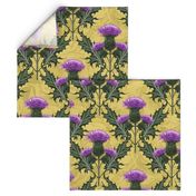 Mauve Flowers Thistles Citrine Yellow Linen Texture | Scottish Thistle Purple Mustard Citrine Home Decor | Scotland Thistles Hand Drawn Flora Yellow Cottage Core