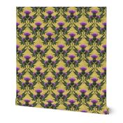 Mauve Flowers Thistles Citrine Yellow Linen Texture | Scottish Thistle Purple Mustard Citrine Home Decor | Scotland Thistles Hand Drawn Flora Yellow Cottage Core