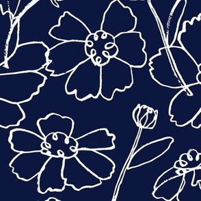 Brushed Ink Floral Bursts, White on Navy