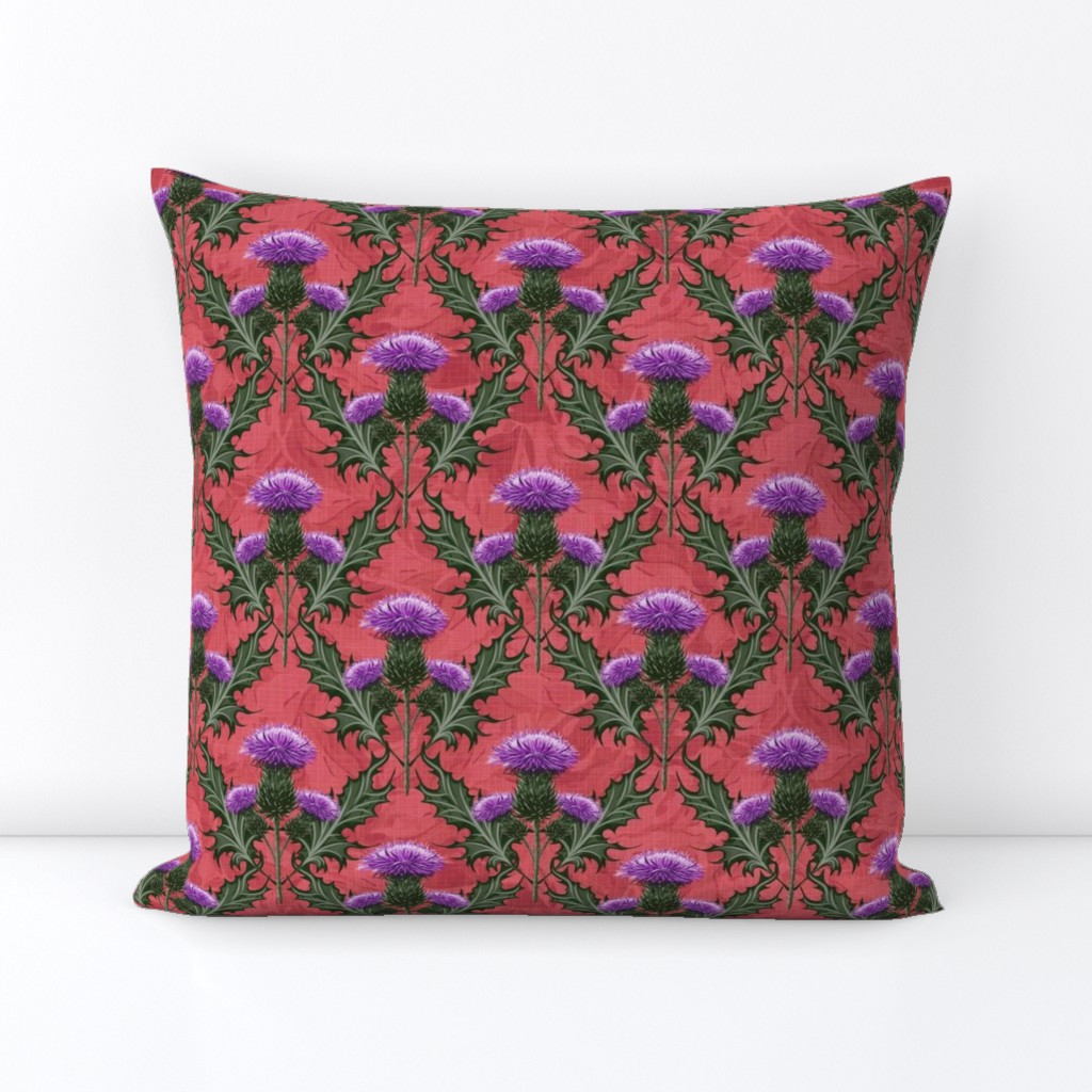 Art Nouveau Scottish Thistles Coral Linen Texture | Coral Home Decor Painterly Pattern Purple Flowers | Purple Thistles Emerald Green Leaves Coral Pink Scotland Tradition