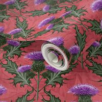 Art Nouveau Scottish Thistles Coral Linen Texture | Coral Home Decor Painterly Pattern Purple Flowers | Purple Thistles Emerald Green Leaves Coral Pink Scotland Tradition