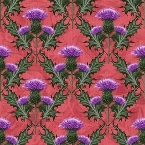 Art Nouveau Scottish Thistles Coral Linen Texture | Coral Home Decor Painterly Pattern Purple Flowers | Purple Thistles Emerald Green Leaves Coral Pink Scotland Tradition