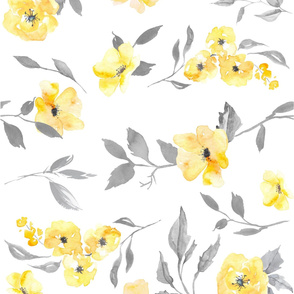 27” Poppy watercolor  floral - yellow and grey - ROTATED