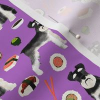 Schnauzer and sushi pattern fabric - dog pattern fabric, sushi fabric, dog fabric, schnauzer dog fabric - purple