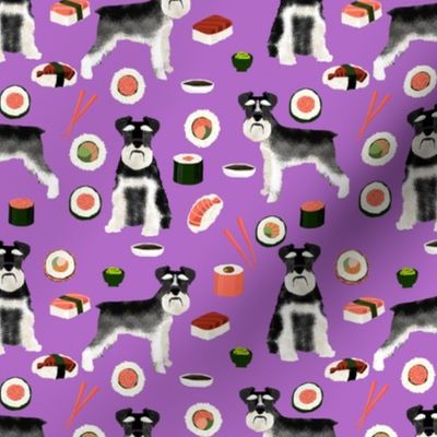 Schnauzer and sushi pattern fabric - dog pattern fabric, sushi fabric, dog fabric, schnauzer dog fabric - purple