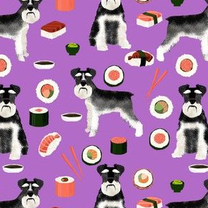 Schnauzer and sushi pattern fabric - dog pattern fabric, sushi fabric, dog fabric, schnauzer dog fabric - purple
