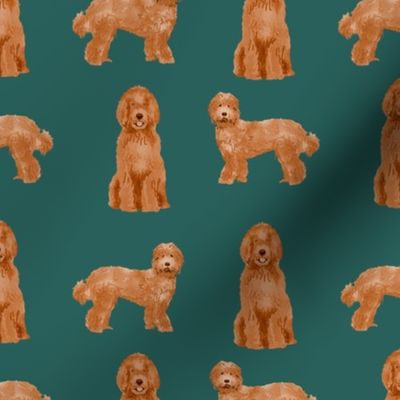 labradoodle dog pattern fabric - apricot labradoodle design, apricot dog, dog breed fabric, dog breeds fabric, cute dog -  dark green