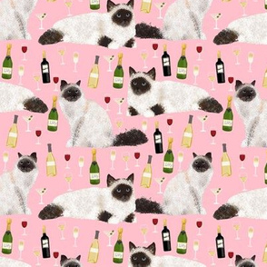 birman cat and wine pattern fabric - birman cat fabric, birman cat pattern, pet friendly cat lady fabric - pink