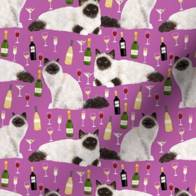 birman cat and wine pattern fabric - birman cat fabric, birman cat pattern, pet friendly cat lady fabric - purple