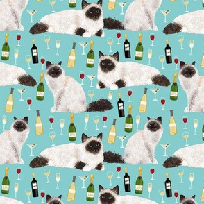 birman cat and wine pattern fabric - birman cat fabric, birman cat pattern, pet friendly cat lady fabric - blue