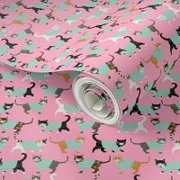 cats in scrubs pattern fabric, - dentist, doctor, nurse scrubs fabric, cat lady pattern, cats pattern fabric, pet friendly - pink
