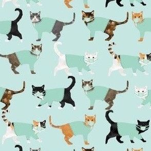 cats in scrubs pattern fabric, - dentist, doctor, nurse scrubs fabric, cat lady pattern, cats pattern fabric, pet friendly - light mint