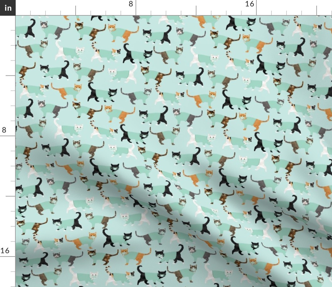 cats in scrubs pattern fabric, - dentist, doctor, nurse scrubs fabric, cat lady pattern, cats pattern fabric, pet friendly - light mint