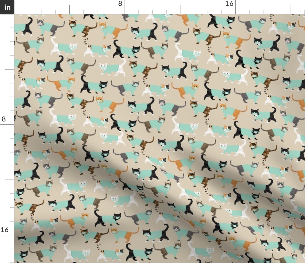 cats in scrubs pattern fabric, - dentist, doctor, nurse scrubs fabric, cat lady pattern, cats pattern fabric, pet friendly -tan