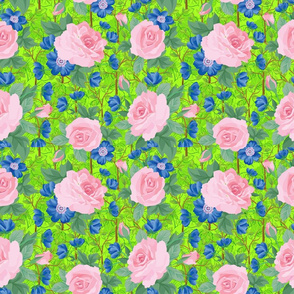 Pink Roses Blue Flowers on Green