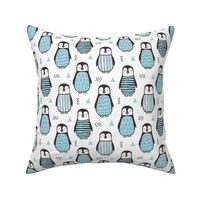 Penguins with Sweater Geometric  and Triangles Blue  on White