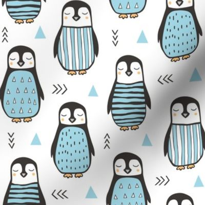 Penguins with Sweater Geometric  and Triangles Blue  on White