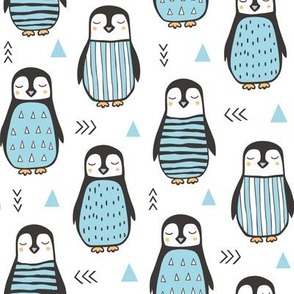 Penguins with Sweater Geometric  and Triangles Blue  on White