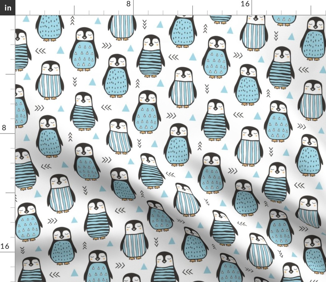 Penguins with Sweater Geometric  and Triangles Blue  on White