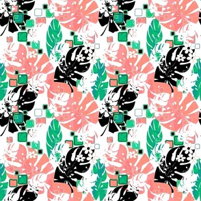 Tropical leafy coral and green retro color