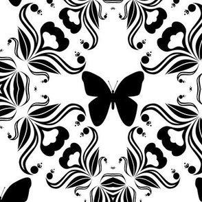 Black and white openwork ornament with butterflies
