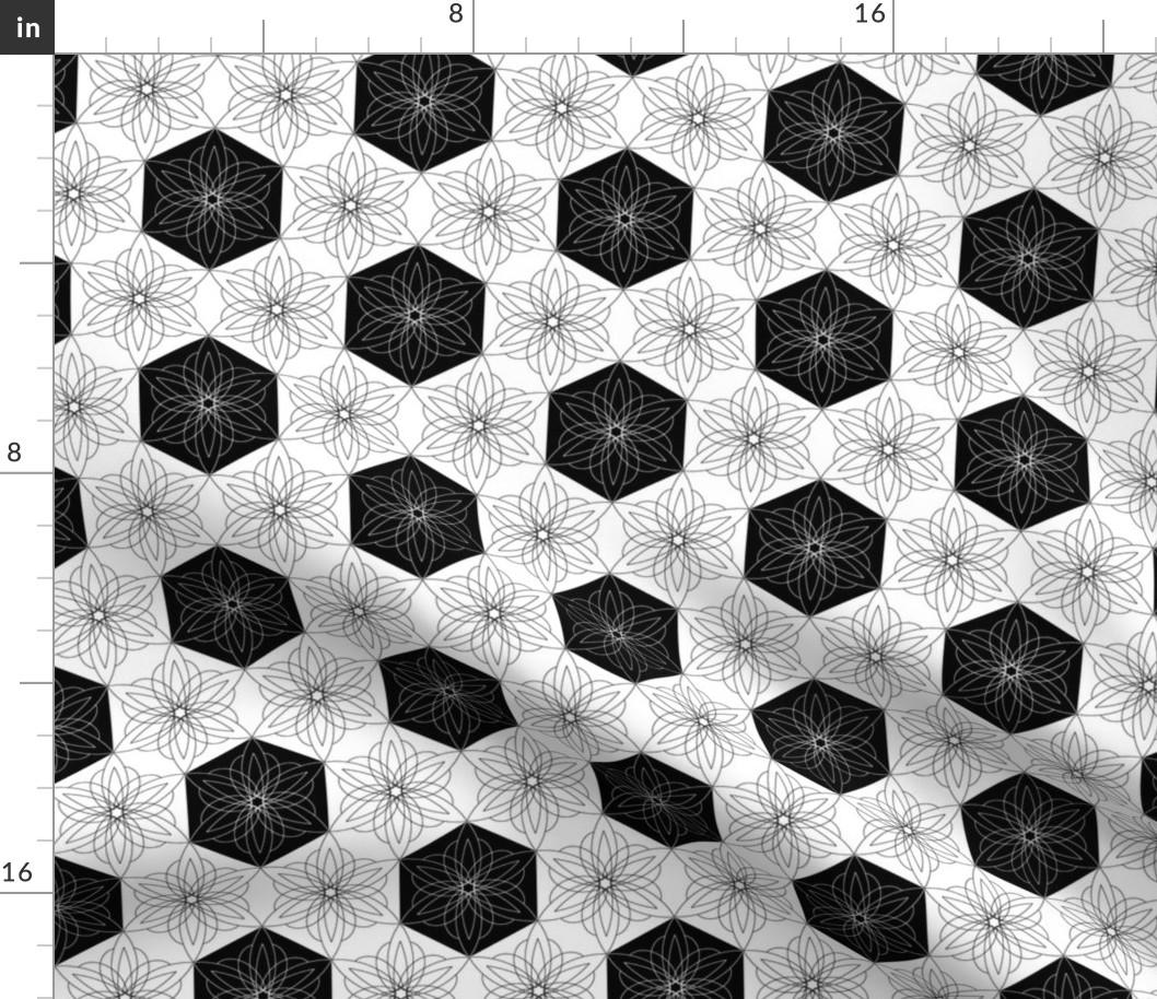 Hexagon flowers large scale black and white