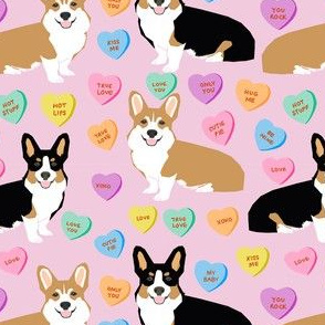 cute corgi valentines candy pattern fabric - valentines dog fabric, valentines corgi fabric, cute dog design, conversation heart fabric - pink