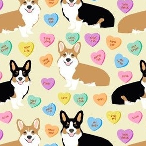 cute corgi valentines candy pattern fabric - valentines dog fabric, valentines corgi fabric, cute dog design, conversation heart fabric - yellow