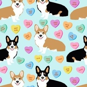 cute corgi valentines candy pattern fabric - valentines dog fabric, valentines corgi fabric, cute dog design, conversation heart fabric - blue