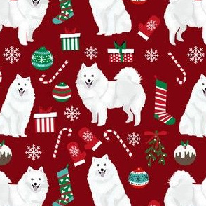 japanese spitz christmas pattern fabric - dog christmas, dog christmas fabric, dog pattern fabric, cute dog, japanese spitz dog fabric - burgundy