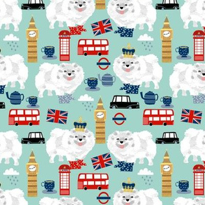 white pomeranian in london pattern fabric - dog in london fabric, cute dog, white pomeranian fabric,  white pom - mint