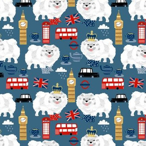 white pomeranian in london pattern fabric - dog in london fabric, cute dog, white pomeranian fabric,  white pom - blue