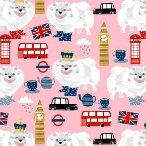 white pomeranian in london pattern fabric - dog in london fabric, cute dog, white pomeranian fabric,  white pom - pink