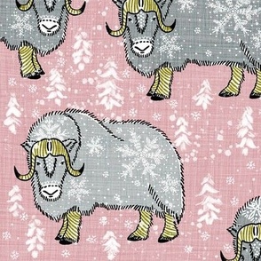 Wintery Silver Musk-Oxen on blush pink