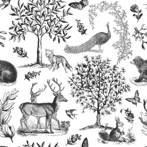 Woodland Toile in Grey on White - large scale