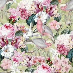 18"  Pierre-Joseph Redouté Roses, lush Tropical Flowers and Birds,Green