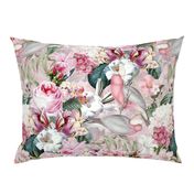 Nostalgic Pink Pierre-Joseph Redouté Springflowers Hydrangea Birds And Roses, Antique Flowers Bouquets, Animals Parrot vintage home decor,  English Roses Fabric, pink