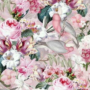 Nostalgic Pink Pierre-Joseph Redouté Springflowers Hydrangea Birds And Roses, Antique Flowers Bouquets, Animals Parrot vintage home decor,  English Roses Fabric, pink