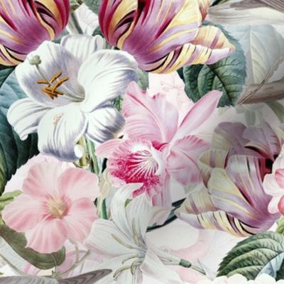 18" Pierre-Joseph Redouté- lush Tropical Flowers Birds and roses on White