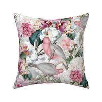 18" Pierre-Joseph Redouté- lush Tropical Flowers Birds and roses on White