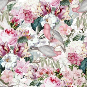18" Pierre-Joseph Redouté- lush Tropical Flowers Birds and roses on White