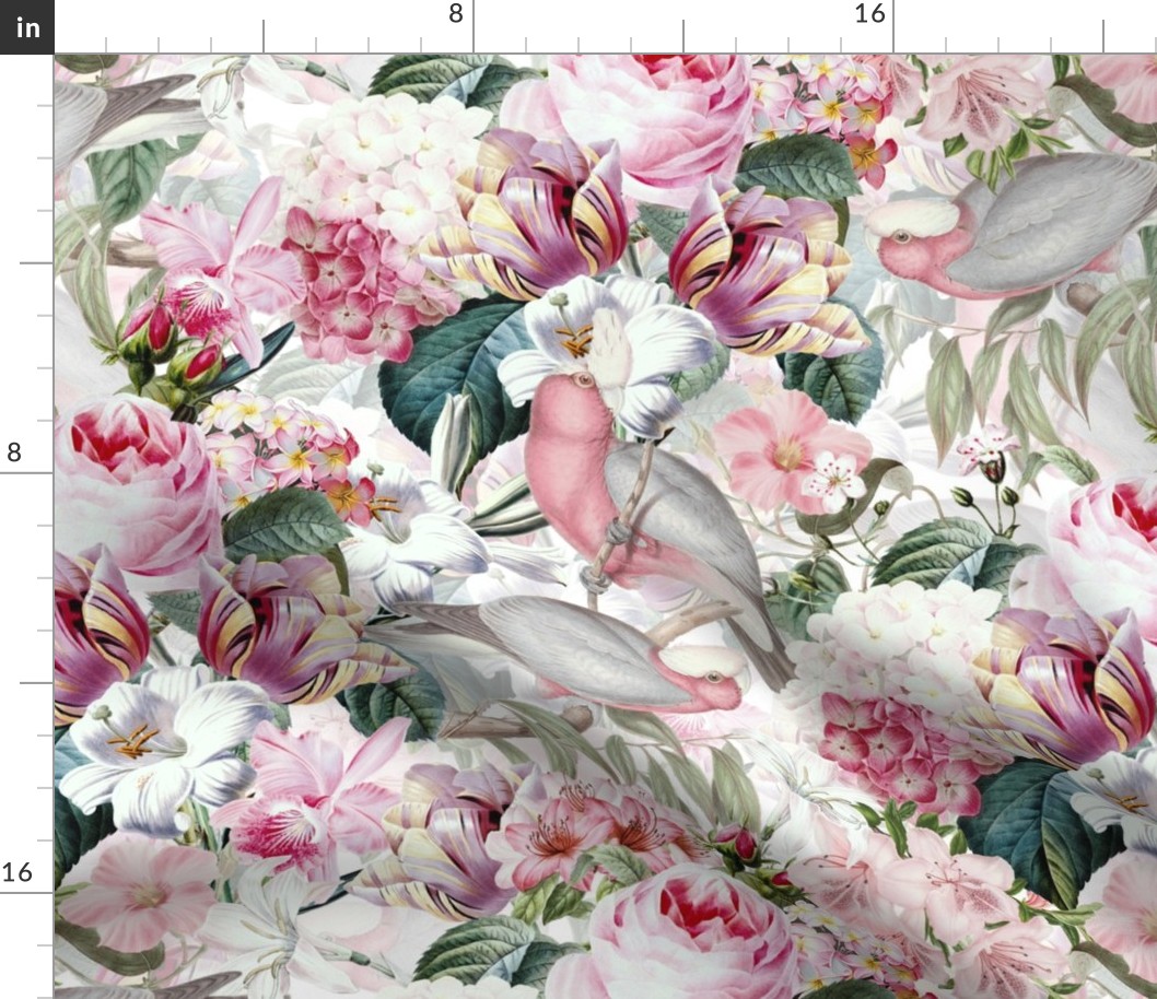 18" Pierre-Joseph Redouté- lush Tropical Flowers Birds and roses on White