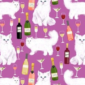persian cat and wine fabric - cute cat lady design - persian white cat with wine design - purple