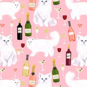 persian cat and wine fabric - cute cat lady design - persian white cat with wine design - pink