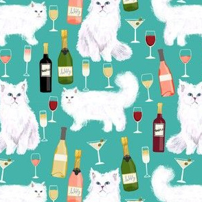 persian cat and wine fabric - cute cat lady design - persian white cat with wine design - blue