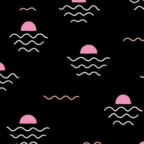 Summer sunset waves and sun warm summer days and night pink black