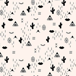 Little indian mudcloth icons and western cactus teepee aztec elements monochrome