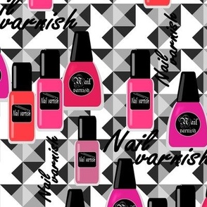 Multicolored nail polish on geometric black and white pattern