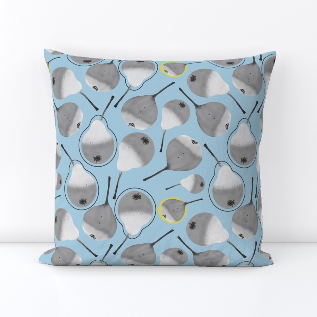 Monochrome pears on blue backdrop with yellow dots 